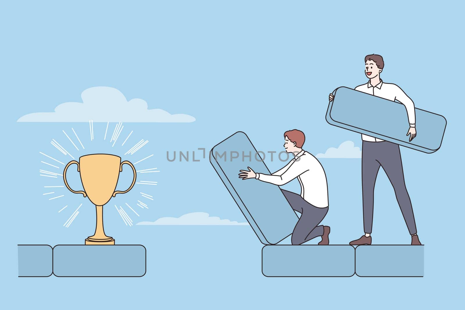 Teamwork, success, achieving goal concept. Two young smiling positive businessmen coworkers making route to golden trophy together as team vector illustration