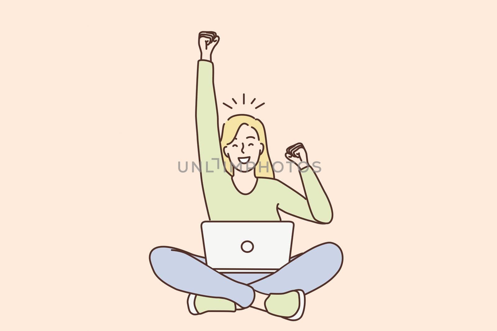 Celebrating success in work, freelance concept. Young smiling woman freelancer cartoon character sitting with laptop on knees with hand up gesturing like winner vector illustration