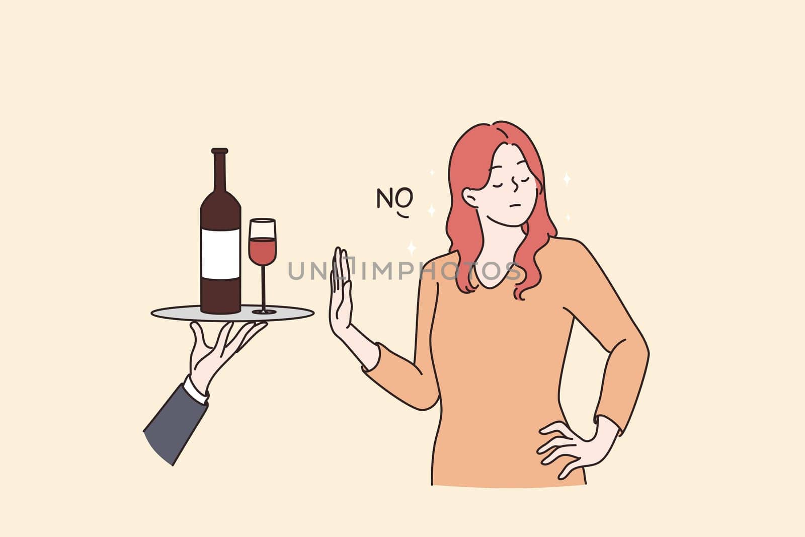 Healthy lifestyle and avoiding alcohol concept. Young Woman standing saying no to alcohol refusing of glass of wine with raised hand vector flat illustration