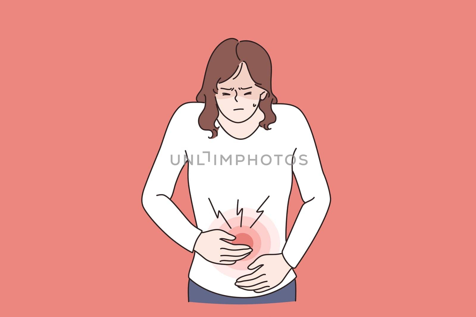 Diarrhea or constipation, problems with health concept. Young sad Woman standing feeling pain in stomach touching it with hands having Abdomen disease and illness vector illustration