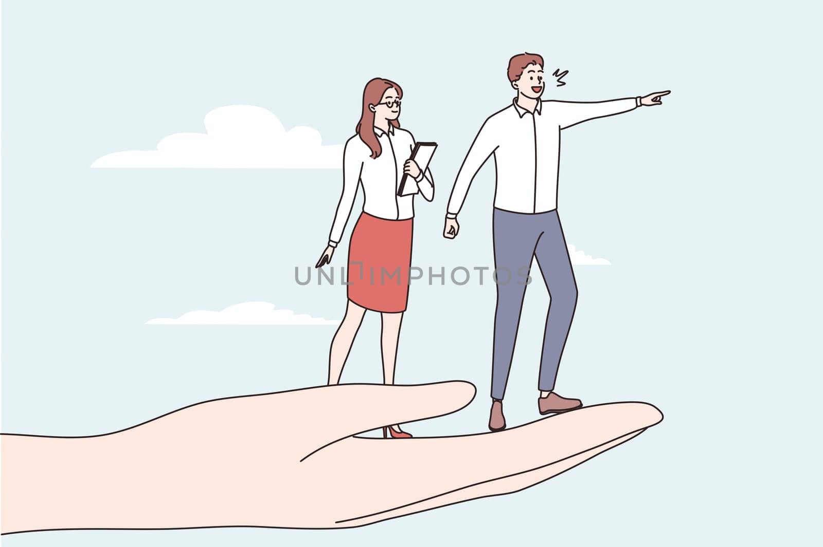 Business opportunities, development, career concept. Young man and woman business people standing at human hand looking forward achieving goal vector illustration