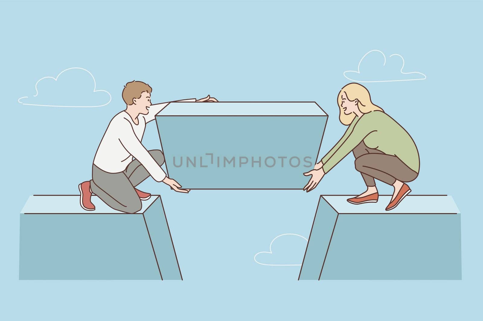 Teamwork and uniting efforts concept. Young man and woman partners sitting and putting missing detail to broken bridge as team vector illustration