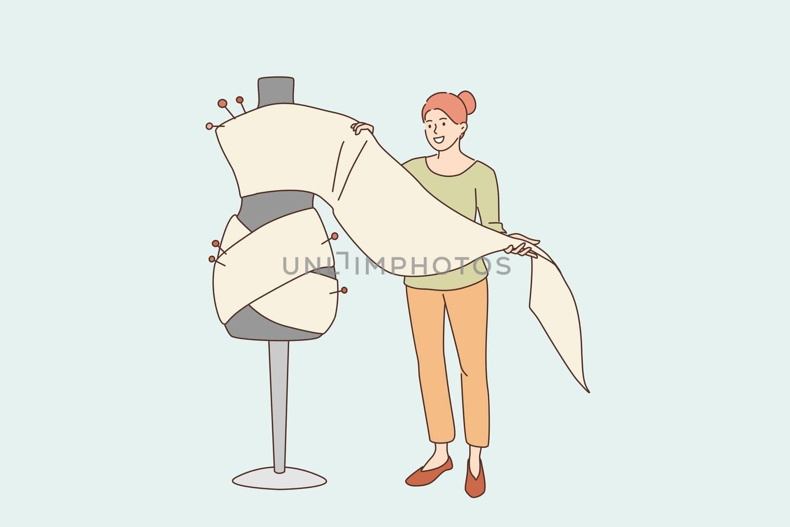 Dressmaking and fashion design concept. Young smiling woman cartoon character standing holding textile for making sewing dress or costume vector illustration