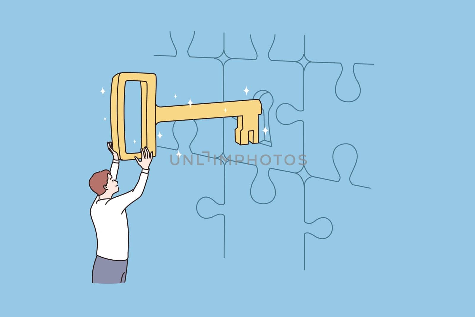 Business key, solution and success concept. Young businessman standing opening puzzle door with golden key achieving goal alone vector illustration