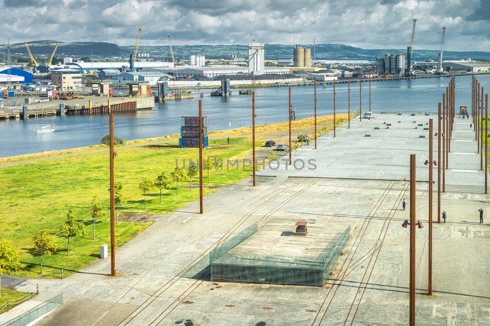 Belfast, UK, August 2019 Elevated view from Titanic Museum on Belfast harbour and docks, Northern Ireland
