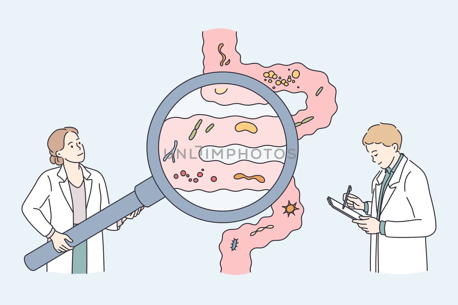Healthcare and healthy nutrition concept. Young scientists studying gastrointestinal tract and digestive system doing analysis of gut microorganisms vector illustration