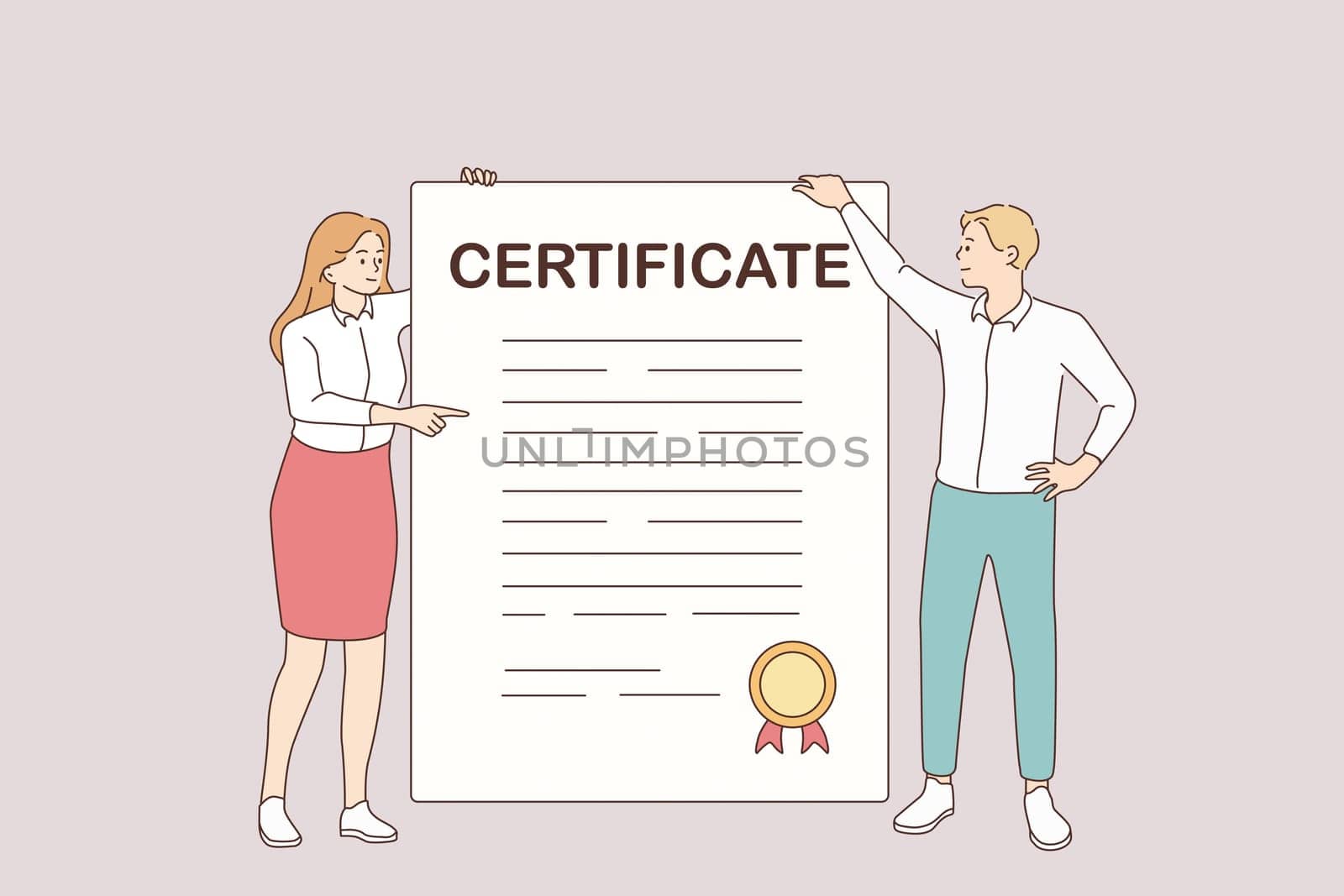 Business certificate and development concept. Young smiling partners woman and man cartoon characters standing holding huge certificate with official stamp in hands vector illustration