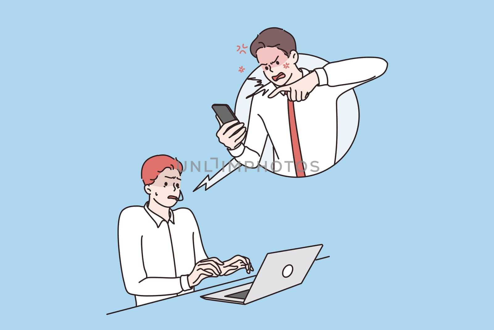 Communication with client at work concept. Angry man customer shouting at worker on phone over blue background vector illustration