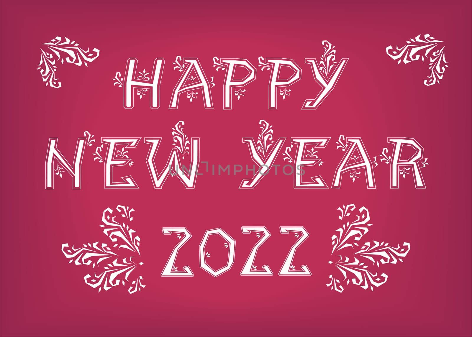 Happy New Year 2022. Artistic font with folk botanical decor. Folk Greeting Card. Illustration