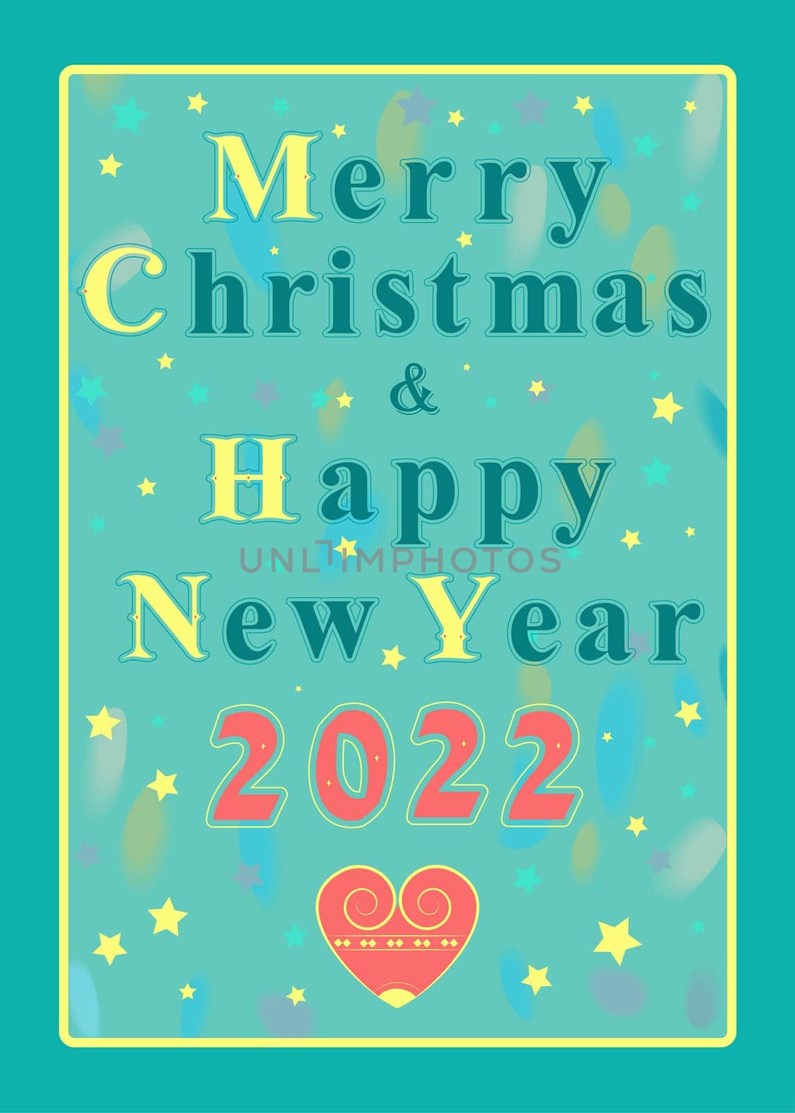 Merry Christmas and Happy New Year 2022 with vintage letters and red heart. Illustration