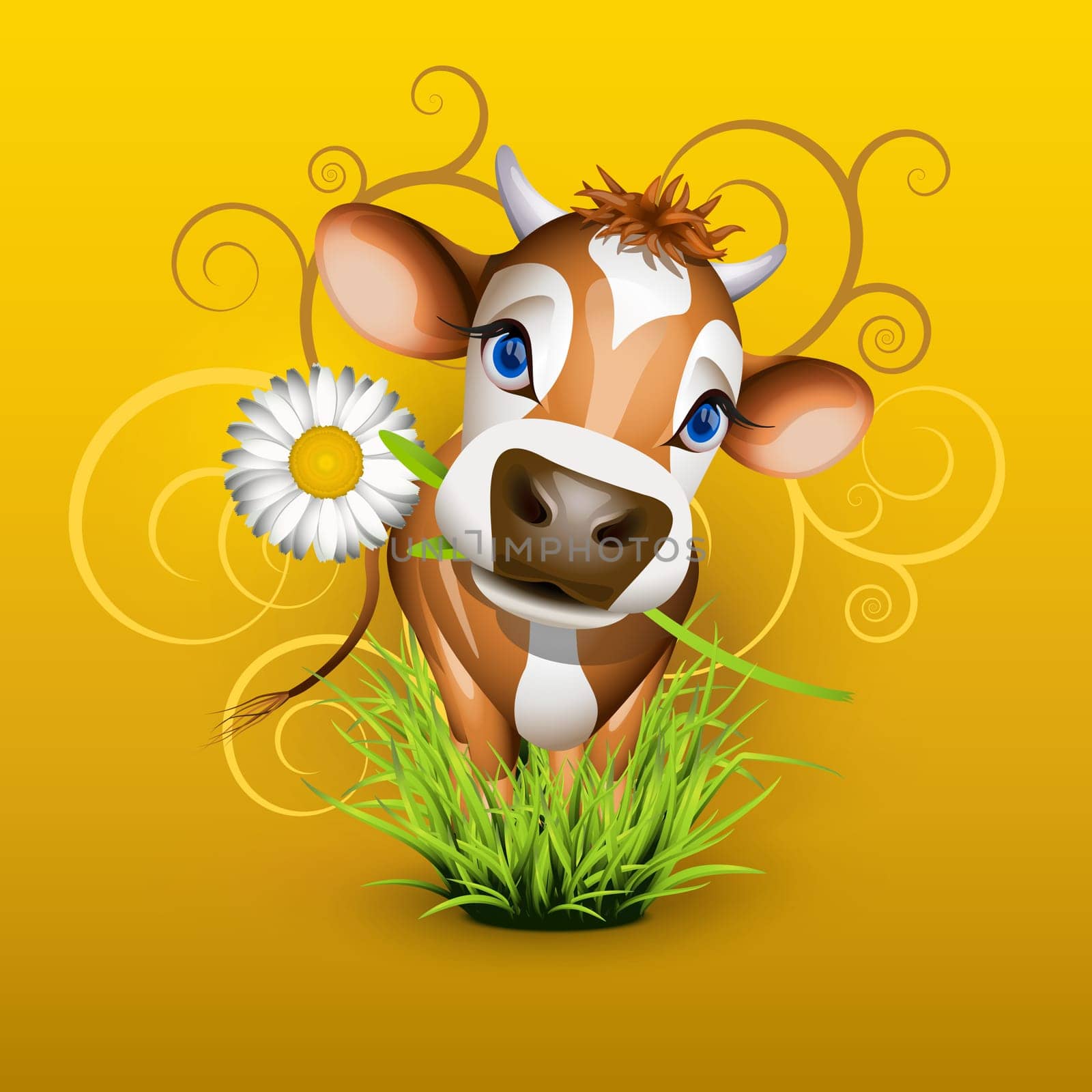 Cute Jersey cow in green grass over gold