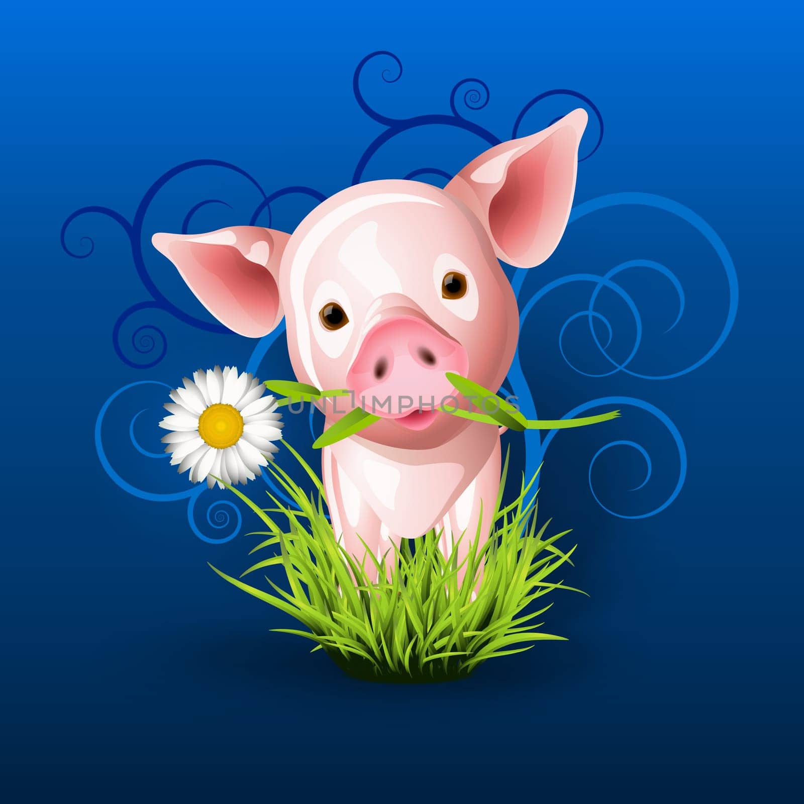 Little pink pig in green grass over blue