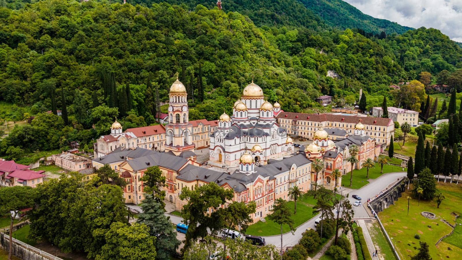 Top view of Orthodox monastery in Novy Afon, Abkhazia.  Christian temple in New Athos. Photo from above.