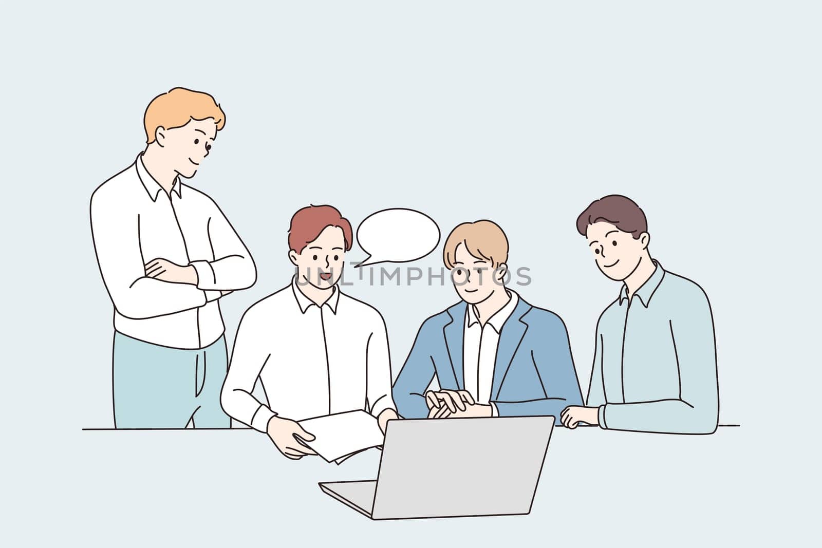 Brainstorm, Teamwork, collaboration concept. Male young business partners workers colleagues sitting at laptop discussing project with documents in office together vector illustration