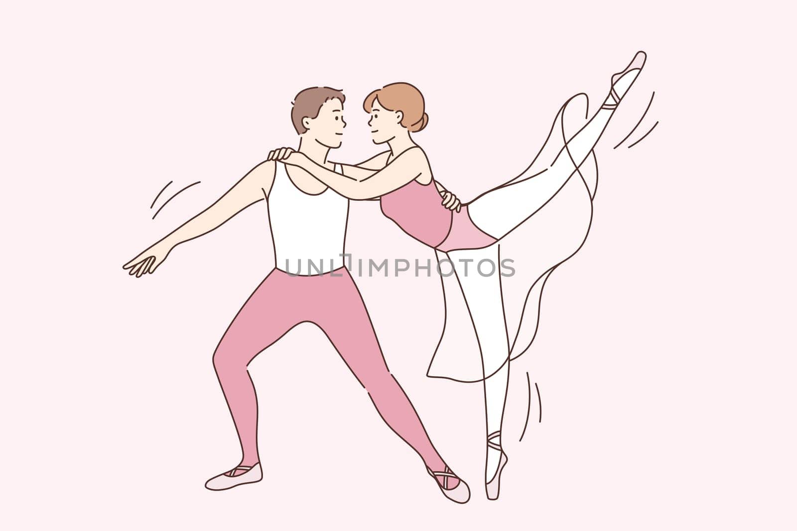 Classic ballet dancers and art concept. Young smiling couple cartoon characters in traditional classical wear for dancing standing in position dancing ballet performing vector illustration