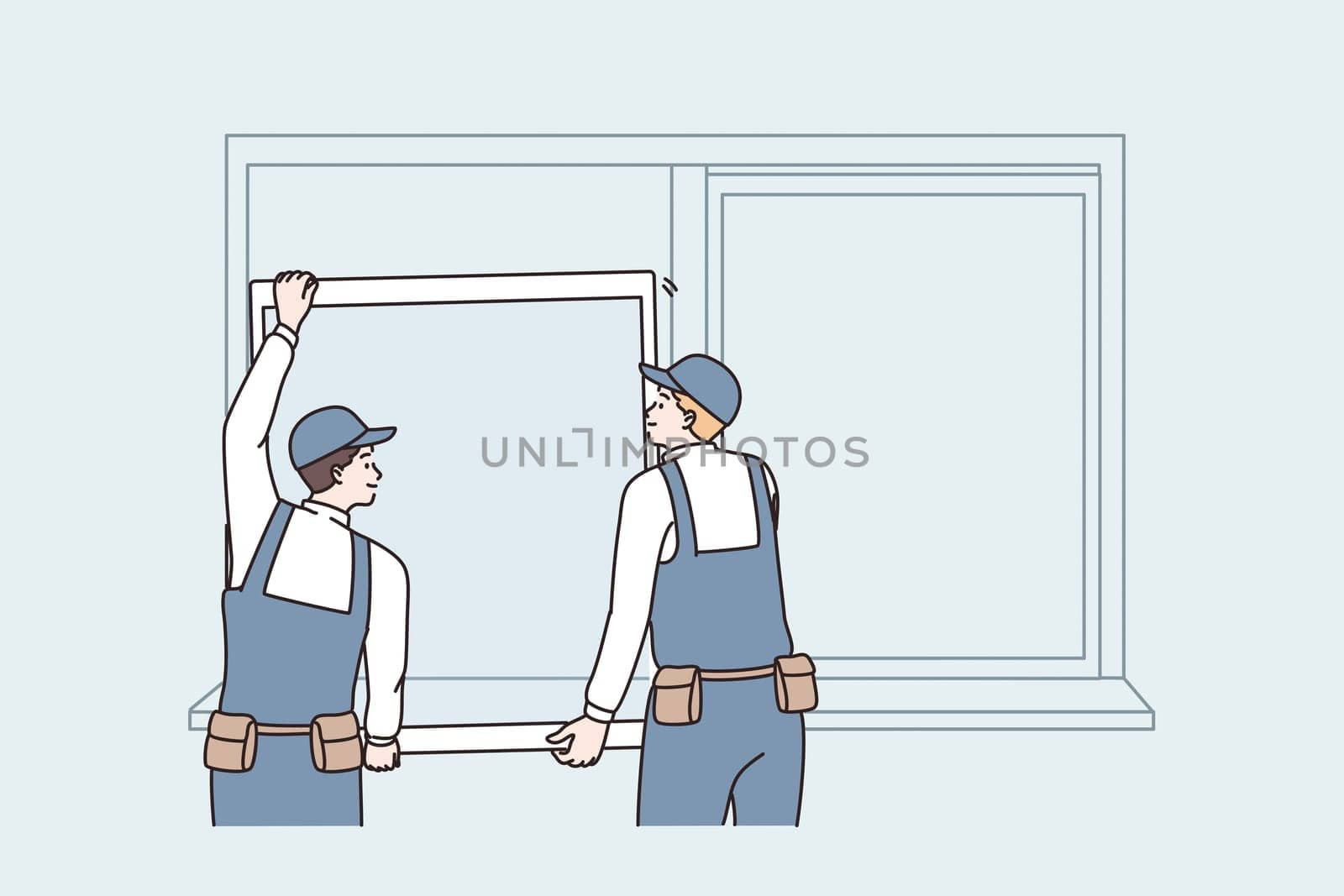 Repairing and reconstruction at home concept. Two men workers in uniform standing changing window for plastic one at home or office working vector illustration