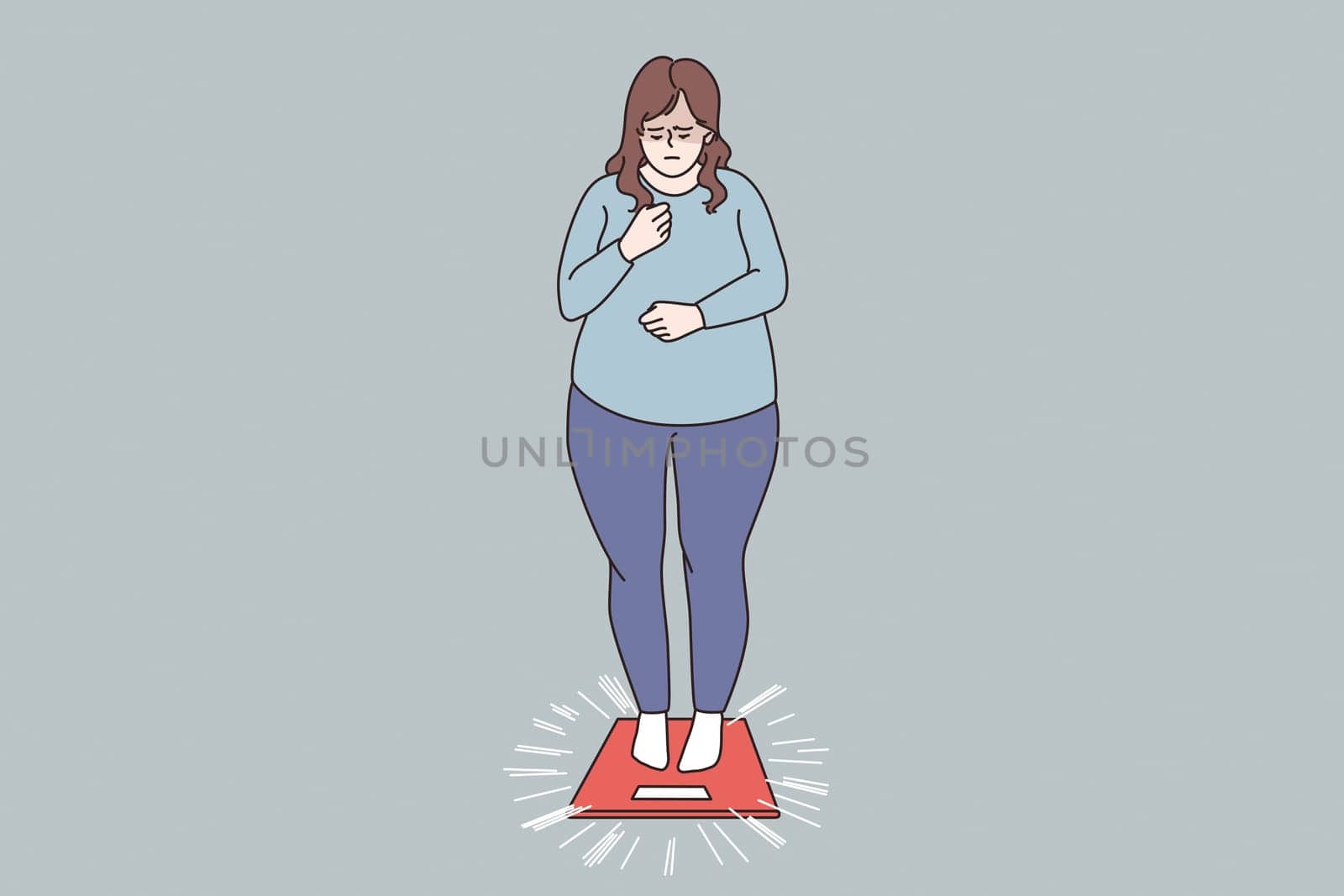 Overweight and Obese people concept. Fat obese sad woman standing on scales having weight problems feeling stressed vector illustration