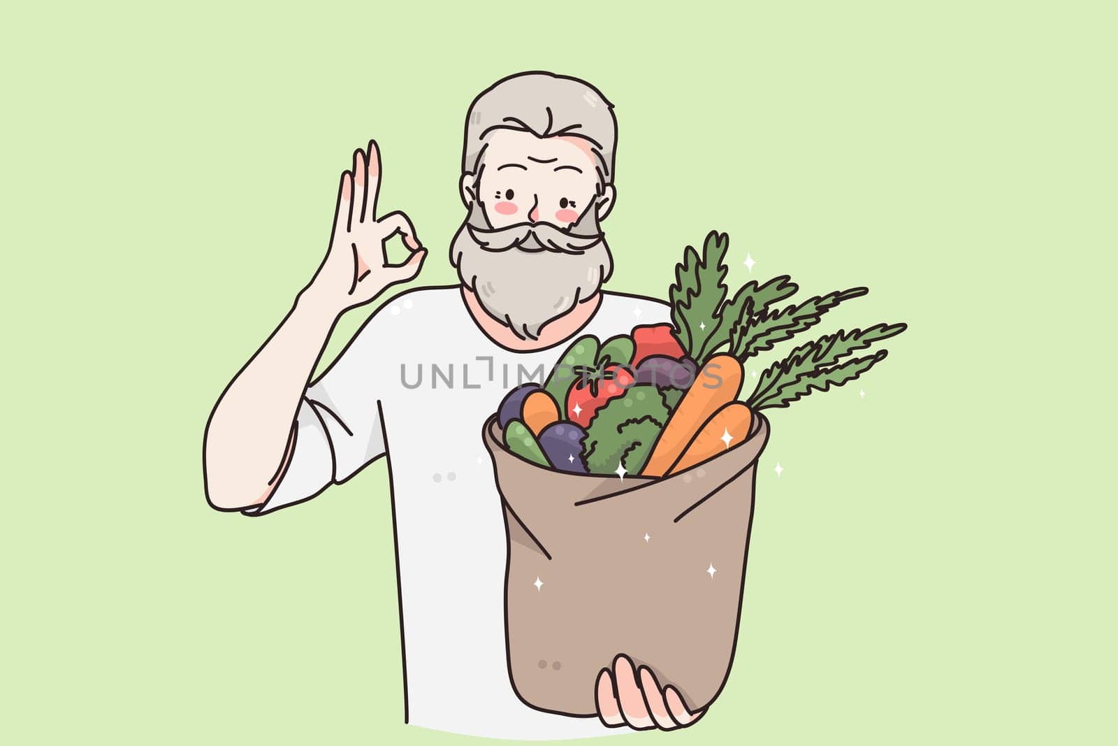 Healthy vegan food and lifestyle concept. Young happy positive elderly man cartoon character standing and holding basket with fresh raw organic vegetables and fruits in hands vector illustration