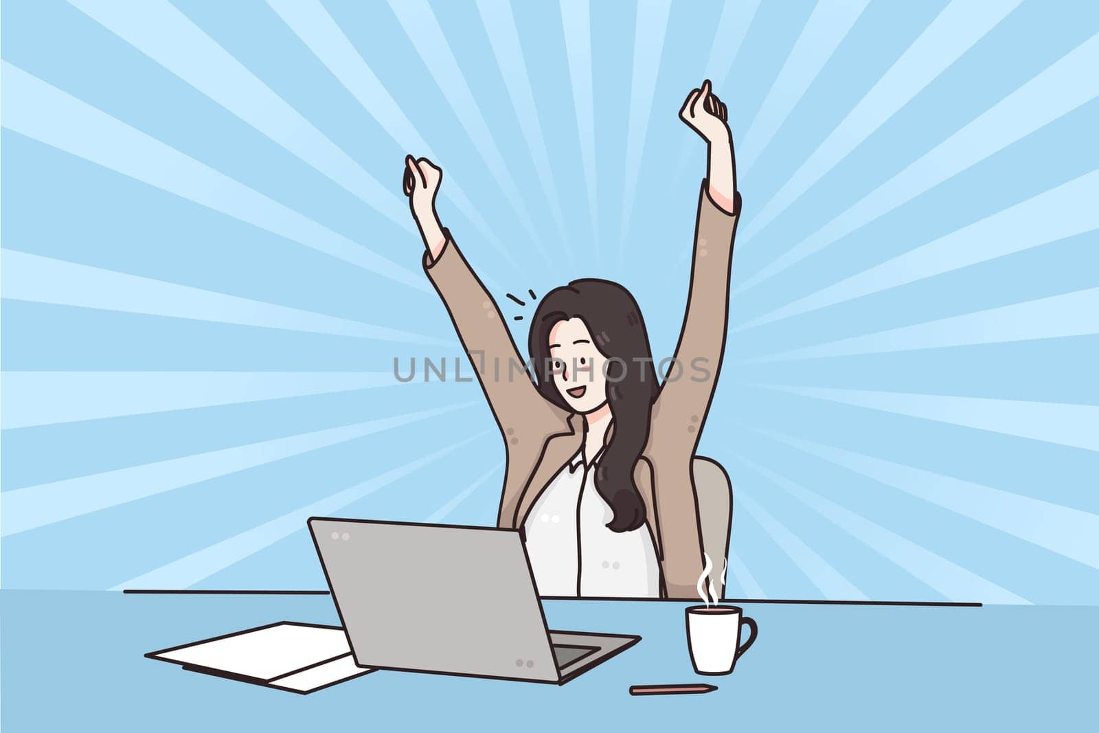 Business success, Celebrating win, positive emotions concept. Smiling happy business woman sitting in chair at desk using laptop celebrating win with hands raised over blue background illustration