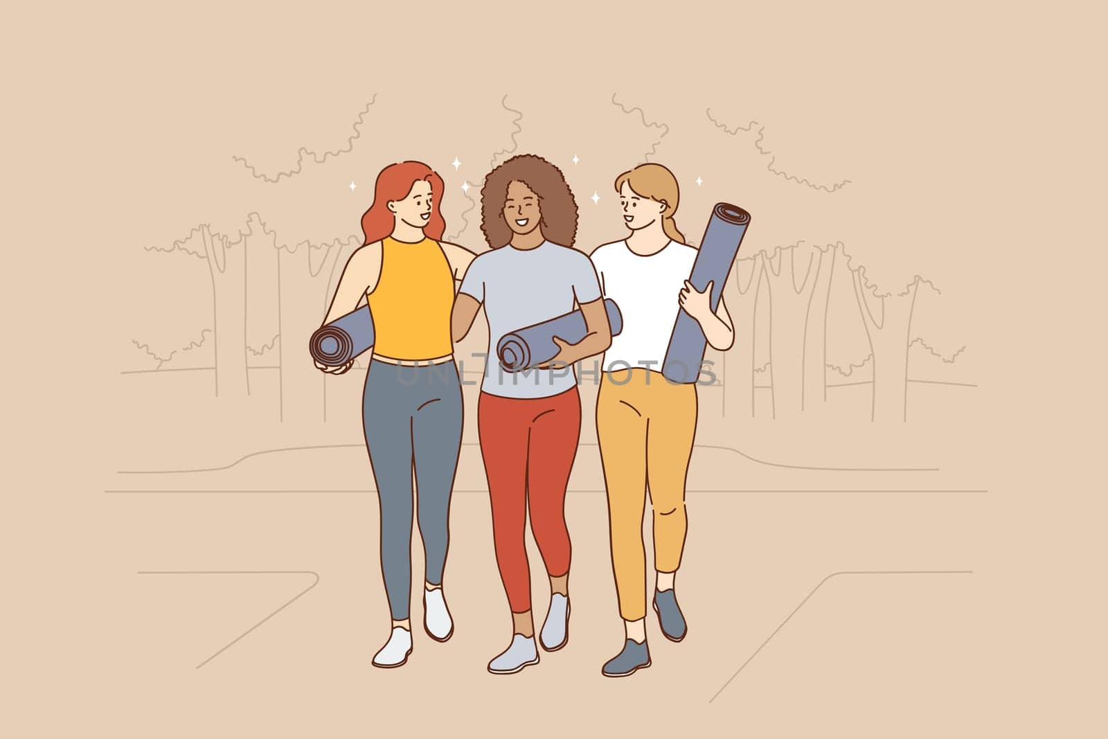 Practicing yoga, active healthy lifestyle concept. Three young smiling girls friends with yoga mats walking along street to lesson or practice feeling happy vector illustration
