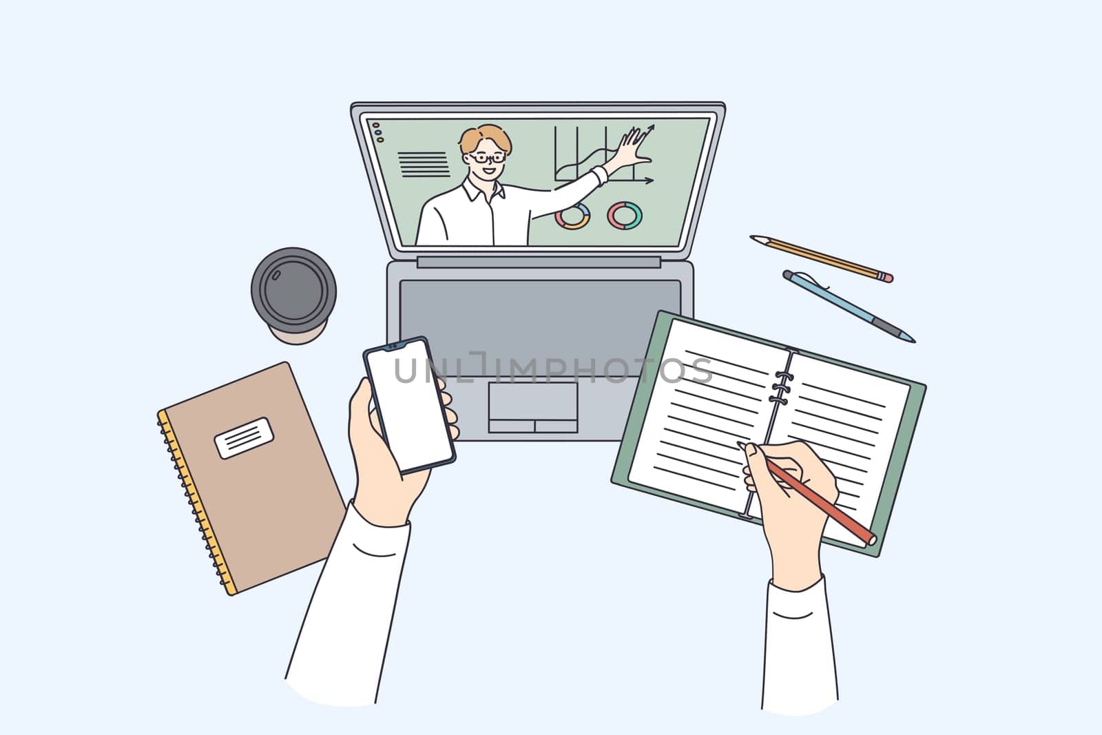 Distance and e-learning education concept. High angle view of video conference with teacher on laptop at home, personal tutor on computer explaining lesson vector illustration