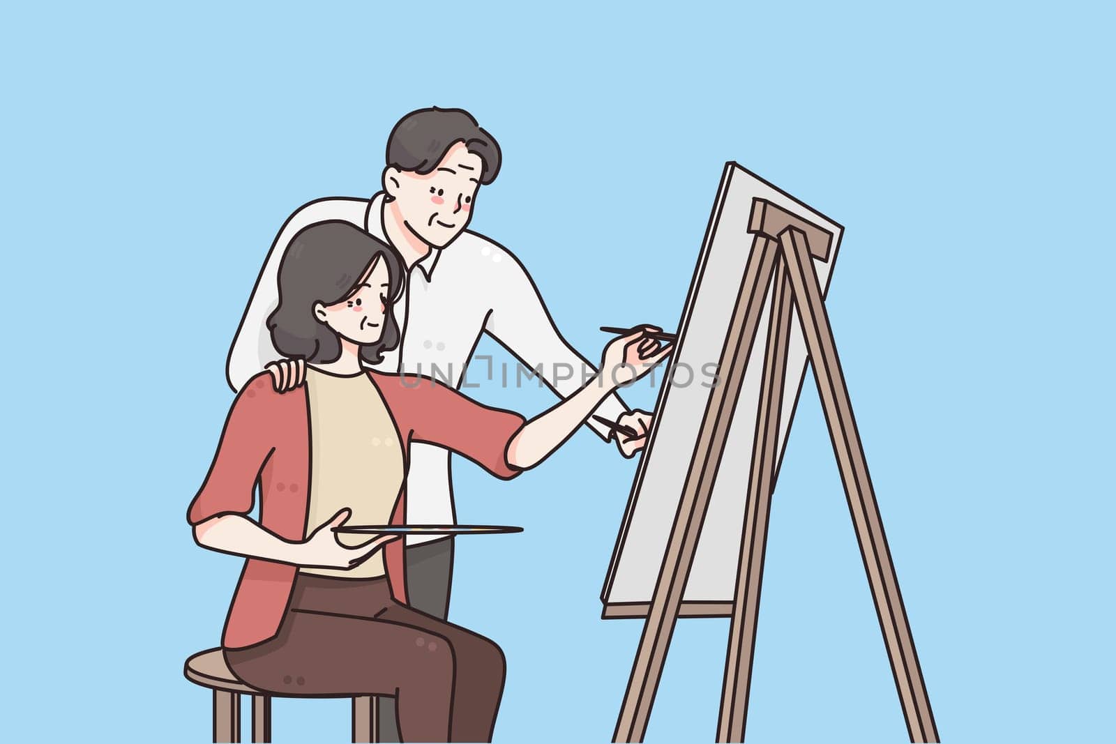 Senior people active happy lifestyle concept. Smiling elderly mature couple man and woman painting drawing together in studio vector illustration