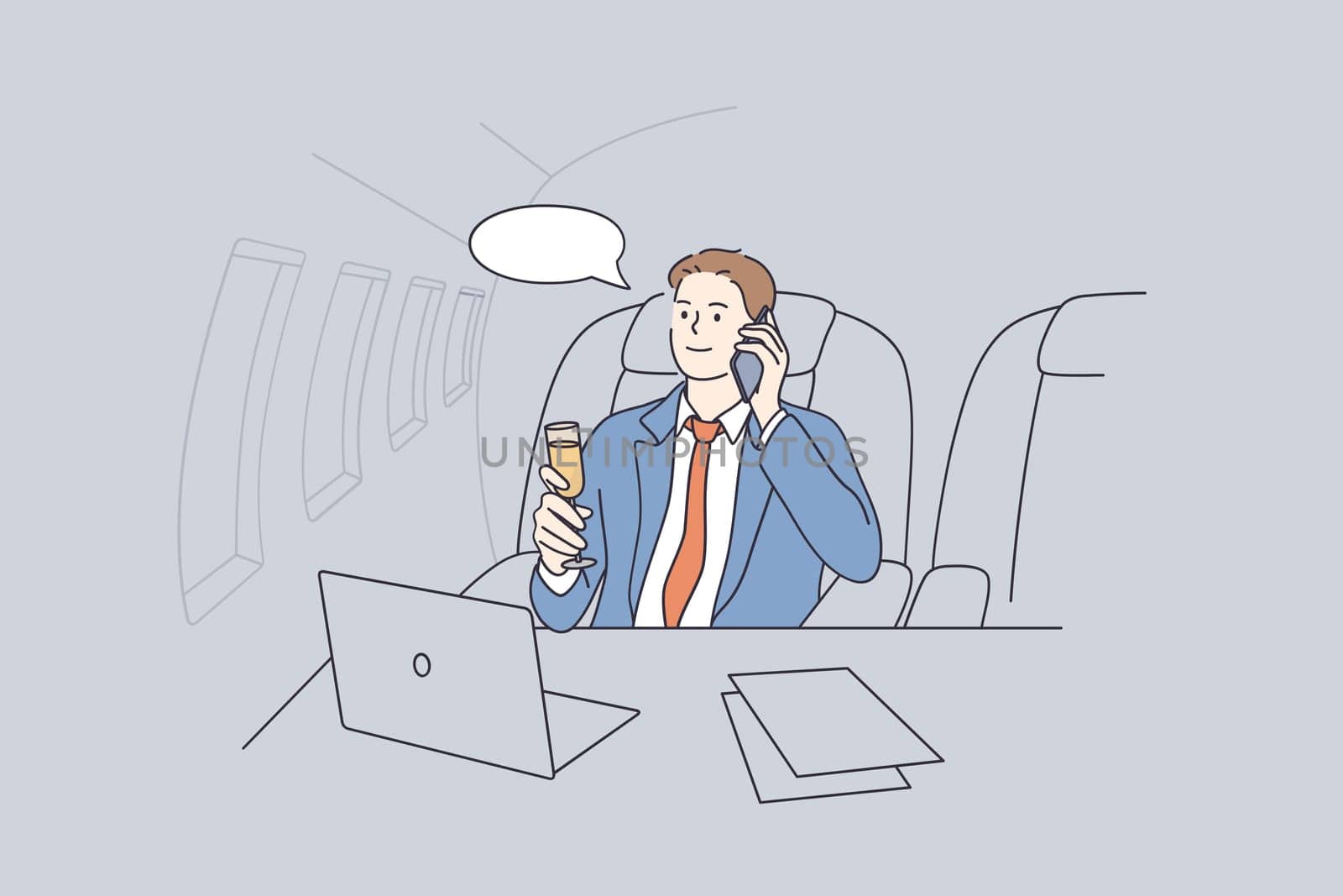 Private plane and luxury business life concept. Young smiling Businessman from sitting lying on his private jet drinking champagne talking on phone vector illustration