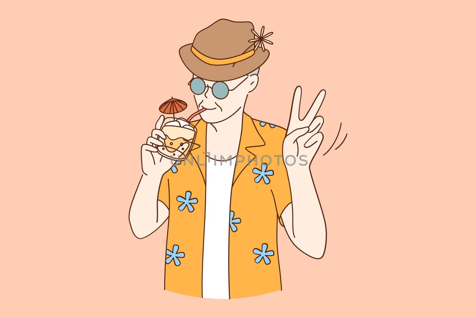 Senior people happy lifestyle concept. Funny and extravagant senior man posing on pink background drinking cocktail having fun partying vector illustration
