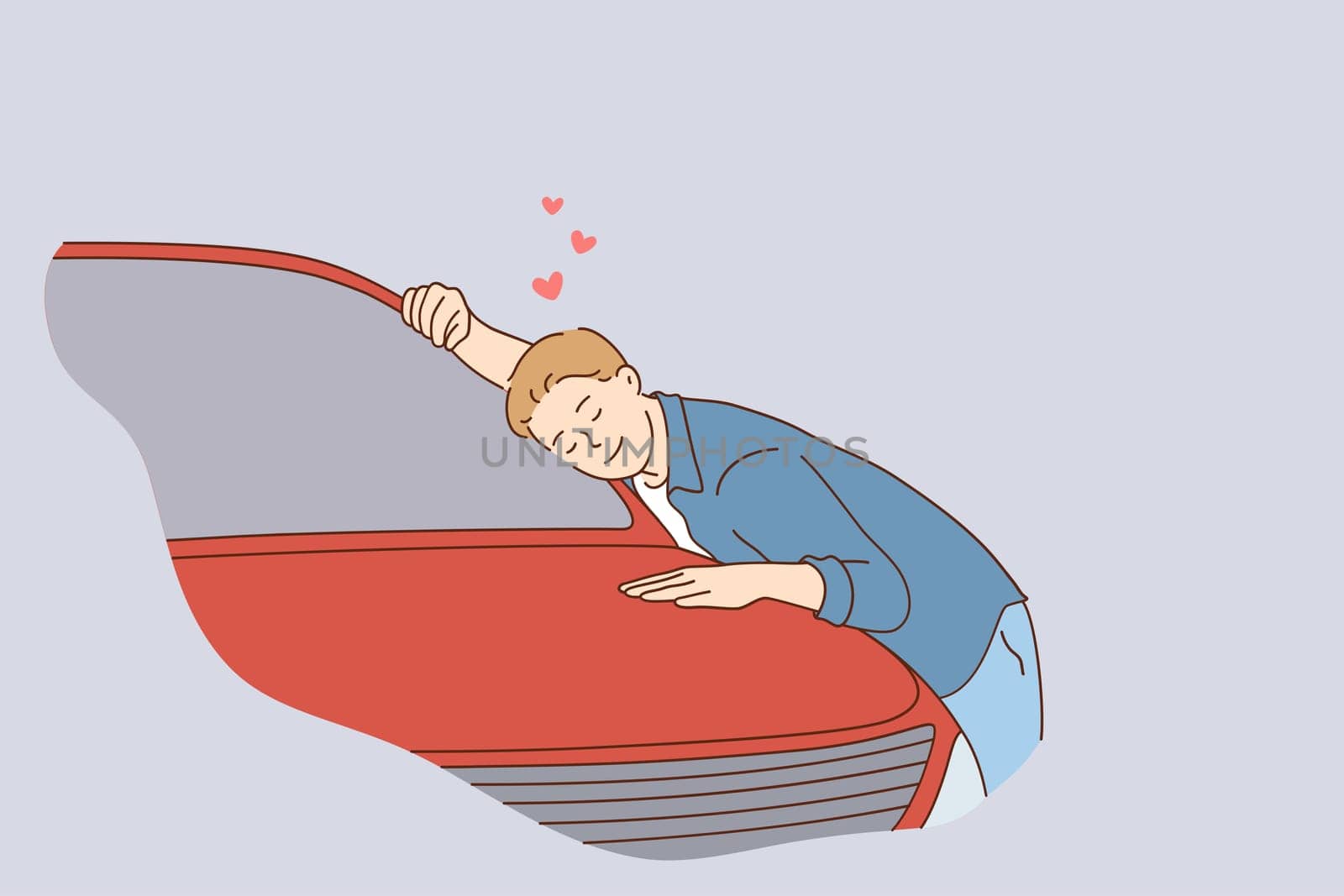 Consumerism, buying new vehicle, shopping concept. Young happy man cartoon character sitting with eyes closed embracing new car at dealership showroom feeling pleased vector illustration