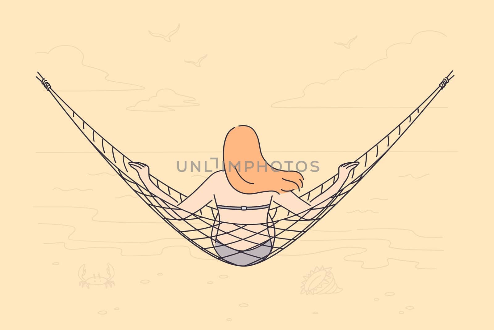 Relaxation and vacation concept. Young woman sitting backwards and having rest in hammock during vacation traveling trip on beach vector illustration
