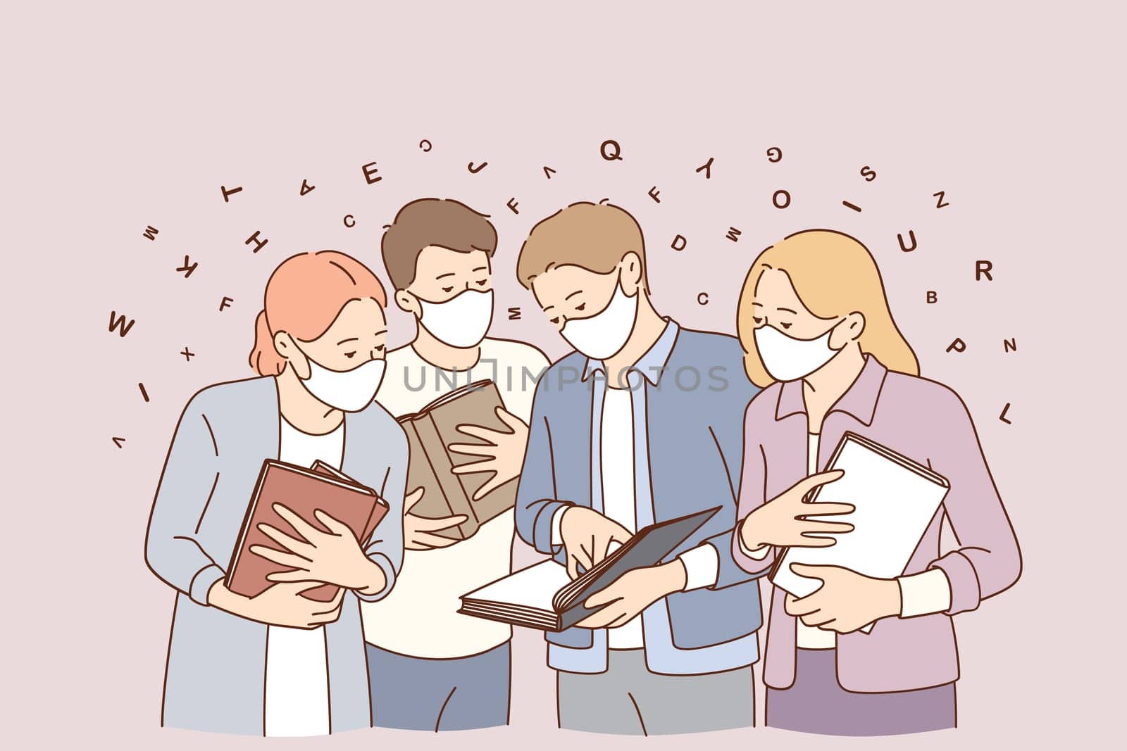 Meeting during coronavirus epidemic concept. Happy young people meeting outdoors wearing medical protective masks during covid-19 pandemic vector illustration