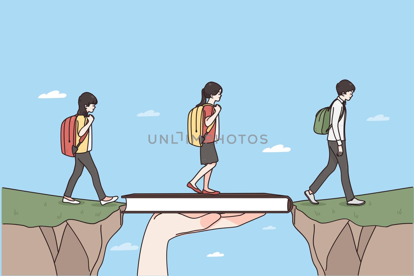 Role of teacher in education concept. Teacher hand holding book bridging gap in primary education for children passing by vector illustration