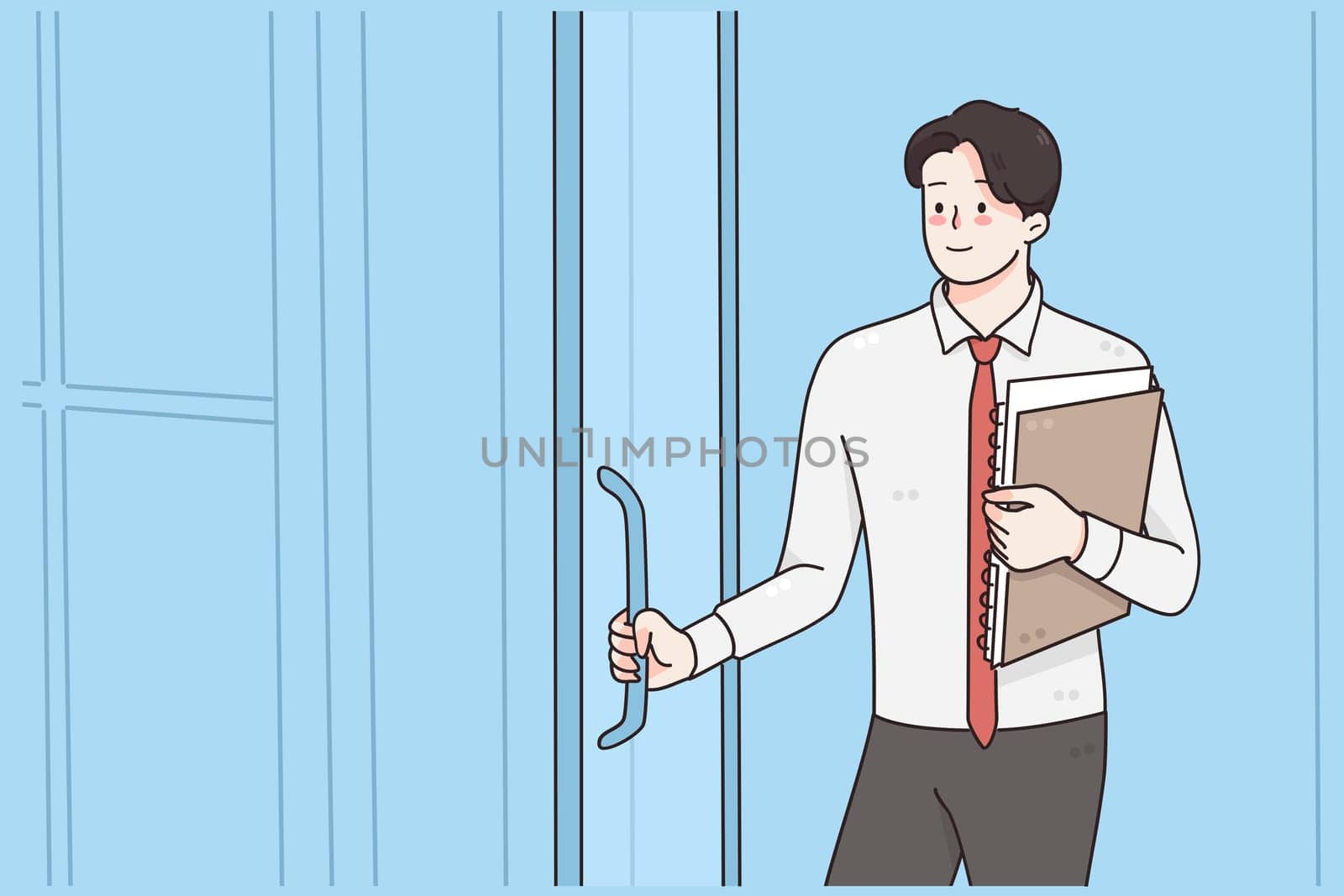 New opportunities, confidence, business success concept. Young smiling businessman office worker opening door on office feeling confident going to meeting or interview vector illustration