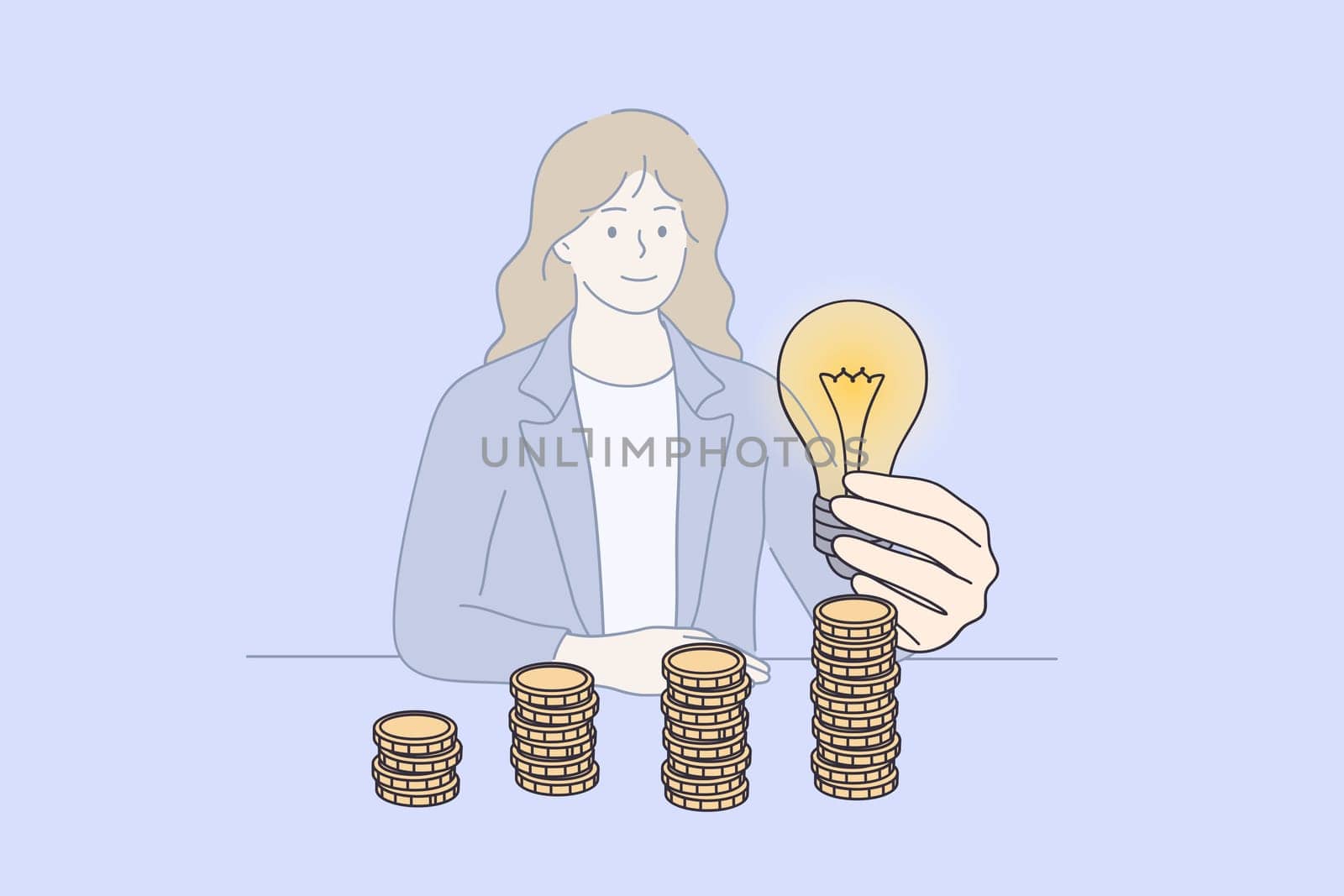 Saving energy and money concept. Young smiling Businesswoman cartoon character sitting at desk holding and putting lightbulb on coins stack on table for saving energy and money vector illustration