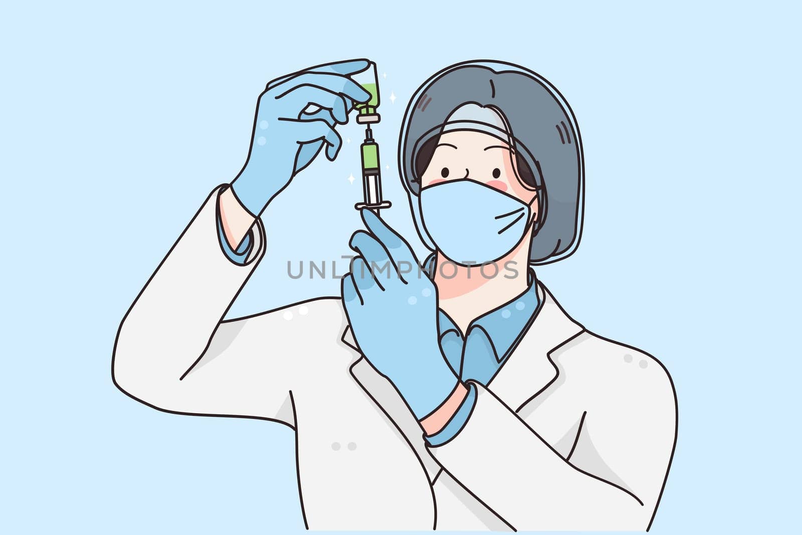 Research of Covid-19 virus vaccine concept. Young woman scientist in medical medical face mask looking at syringe in laboratory doing some research vector illustration