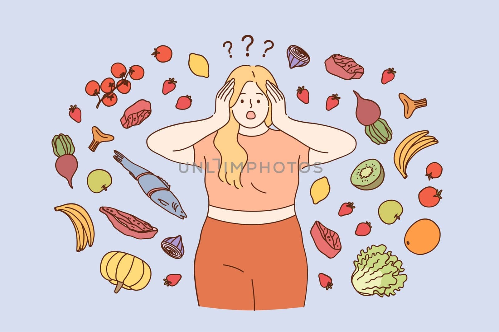 Stress, dieting, weight loss concept. Fat girl in fitness costume wanting to start diet and healthy eating but doubting about food variety and ingredients to buy vector illustration