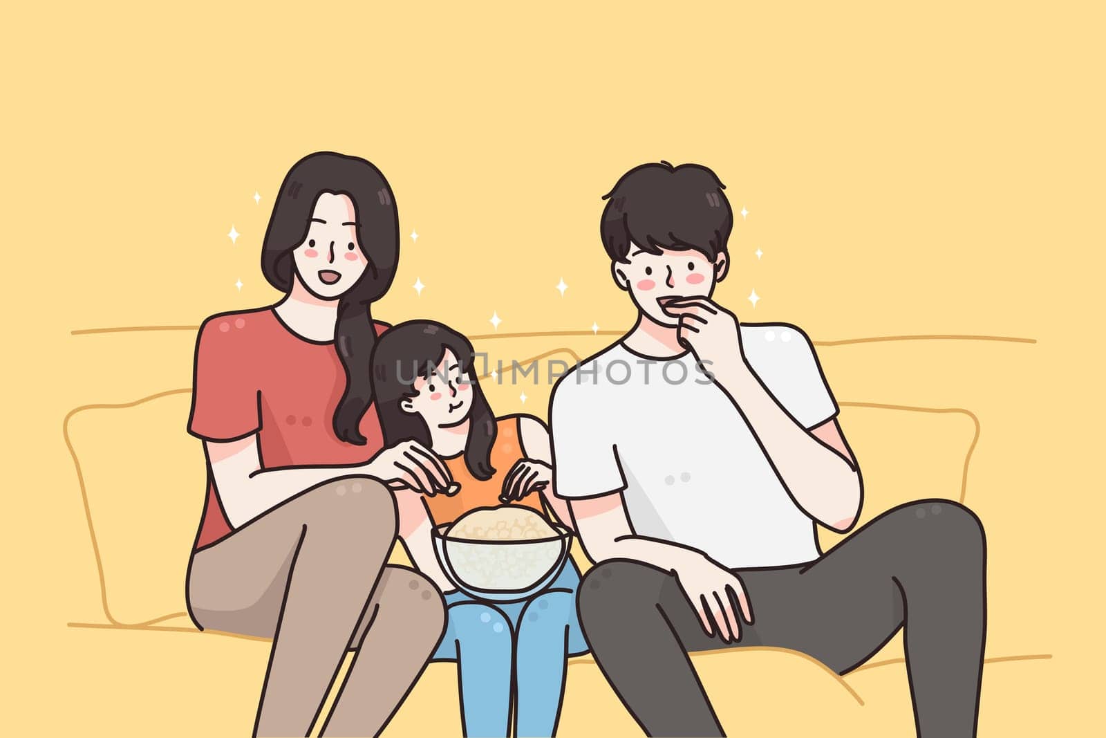 Watching movies, spending time with family concept. Young smiling parents mother and father family and small daughter sitting on sofa eating popcorn watching movie together vector illustration