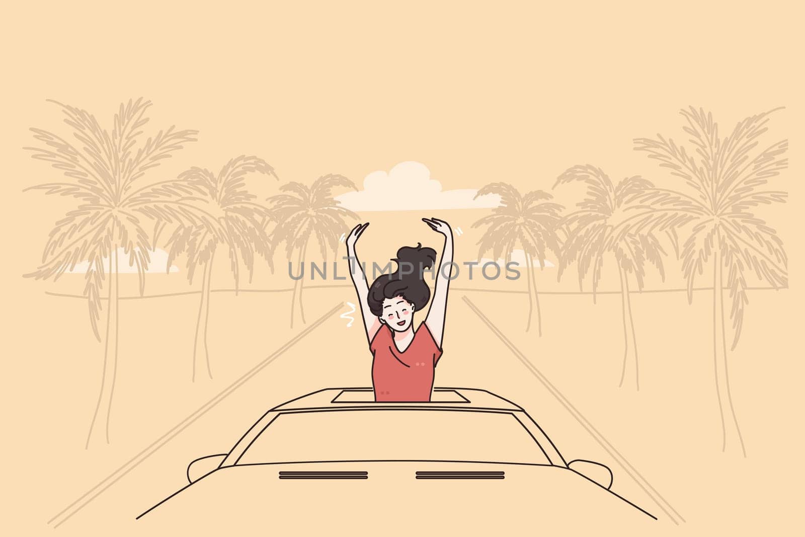 Vacation and enjoying traveling concept. Young relaxed woman cartoon character sitting in car and enjoying ride across sea side beach on paradise island vector illustration