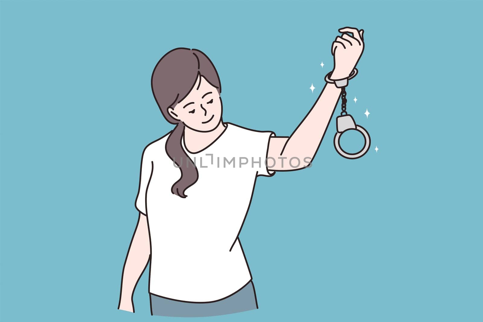 Freedom and release concept. Young positive girl cartoon character standing and looking at handcuffs an her hand feeling cute and confident to release vector illustration