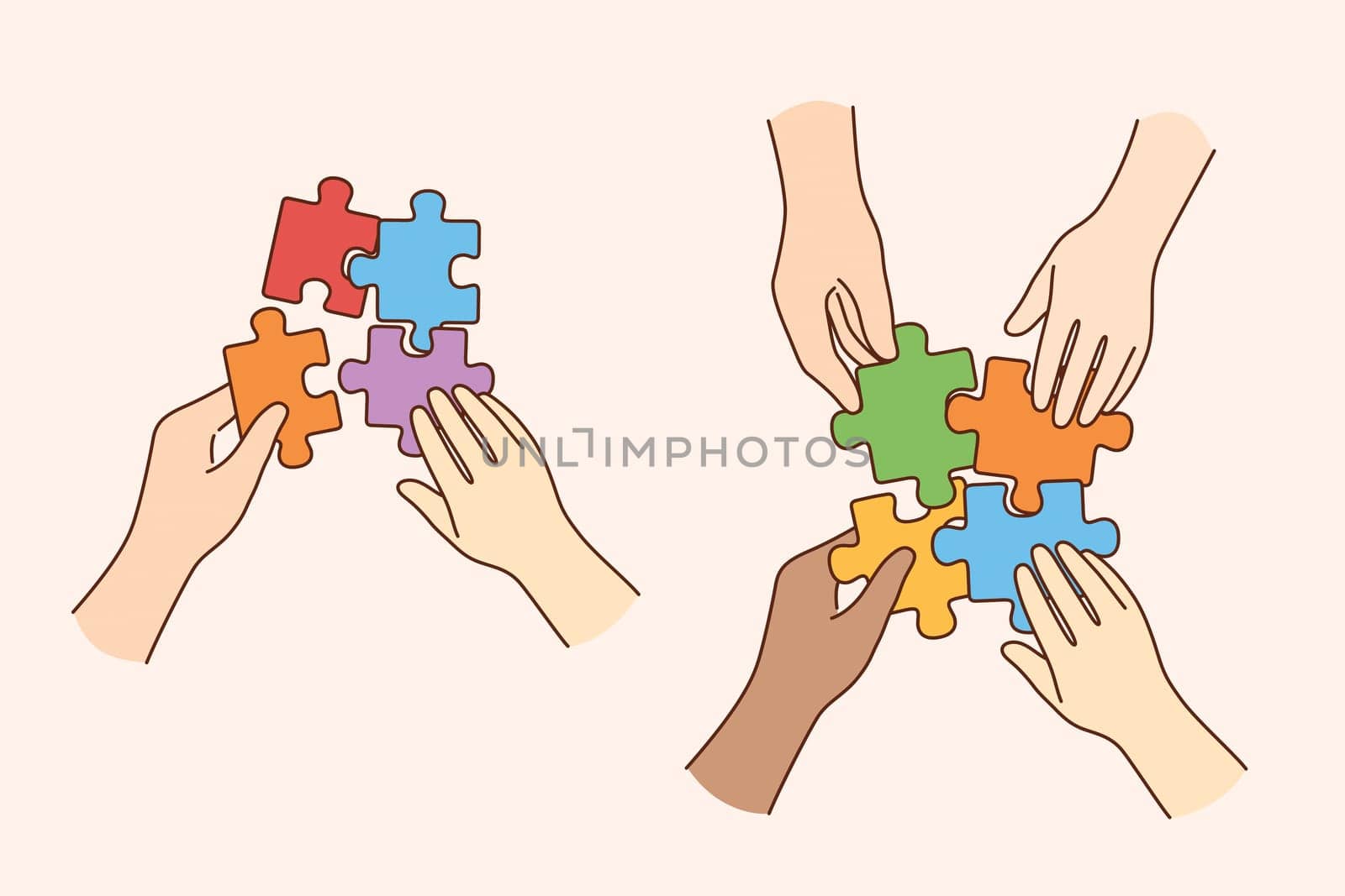 Teamwork, multi ethnic team, cooperation concept. Hands of multicultural people business partners workers colleagues firming whole puzzle of colorful pieces together meaning collaboration