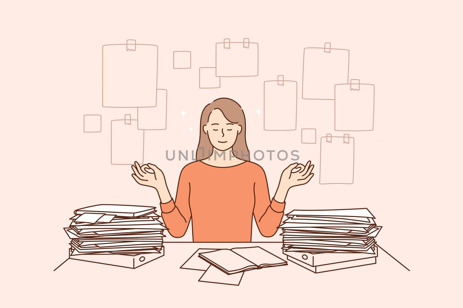Harmony, peace, successful time management concept. Young business woman cartoon character sitting meditating and feeling confident about making many business duties and tasks vector illustration