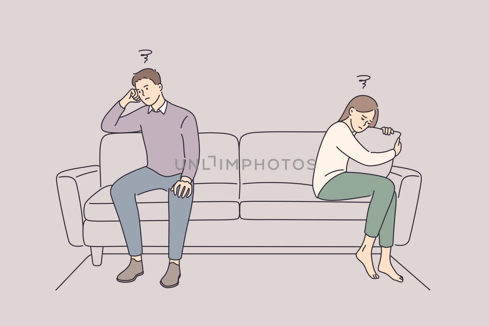 Problems in communication and fight concept. Sad unhappy Husband and wife cartoon characters sitting on couch and keeping silence after quarrel at home vector illustration