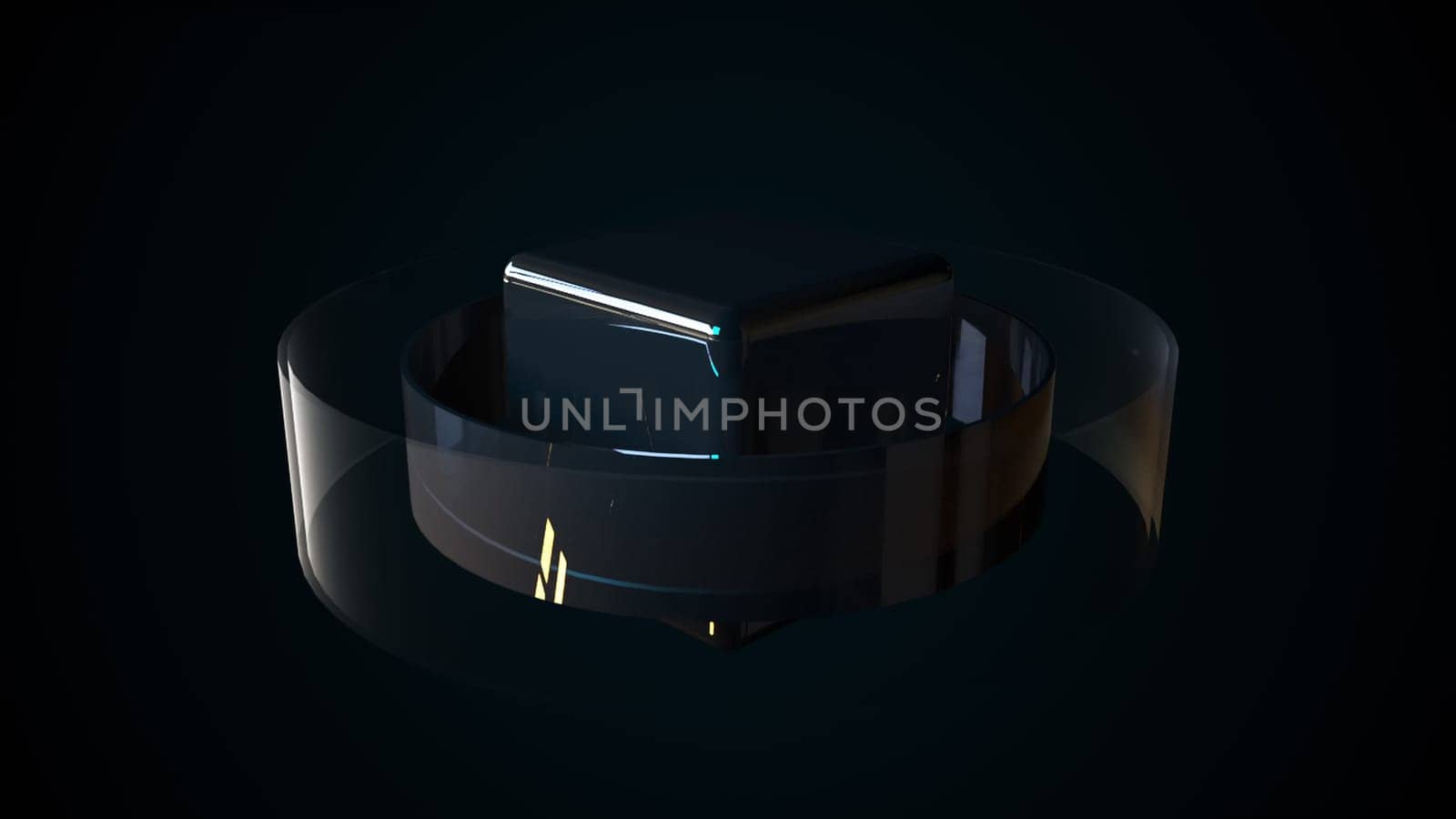 Futuristic stripes wrapping around 3d render of realistic square. Dynamic cyber presentation with vibrant gradient. Modern curly minimalism in strict decoration style