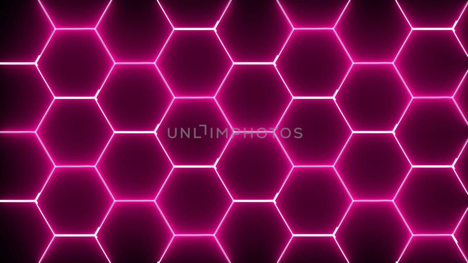 Computer generated hexagonal abstract design with neon light. 3d rendering of honeycomb backdrop.