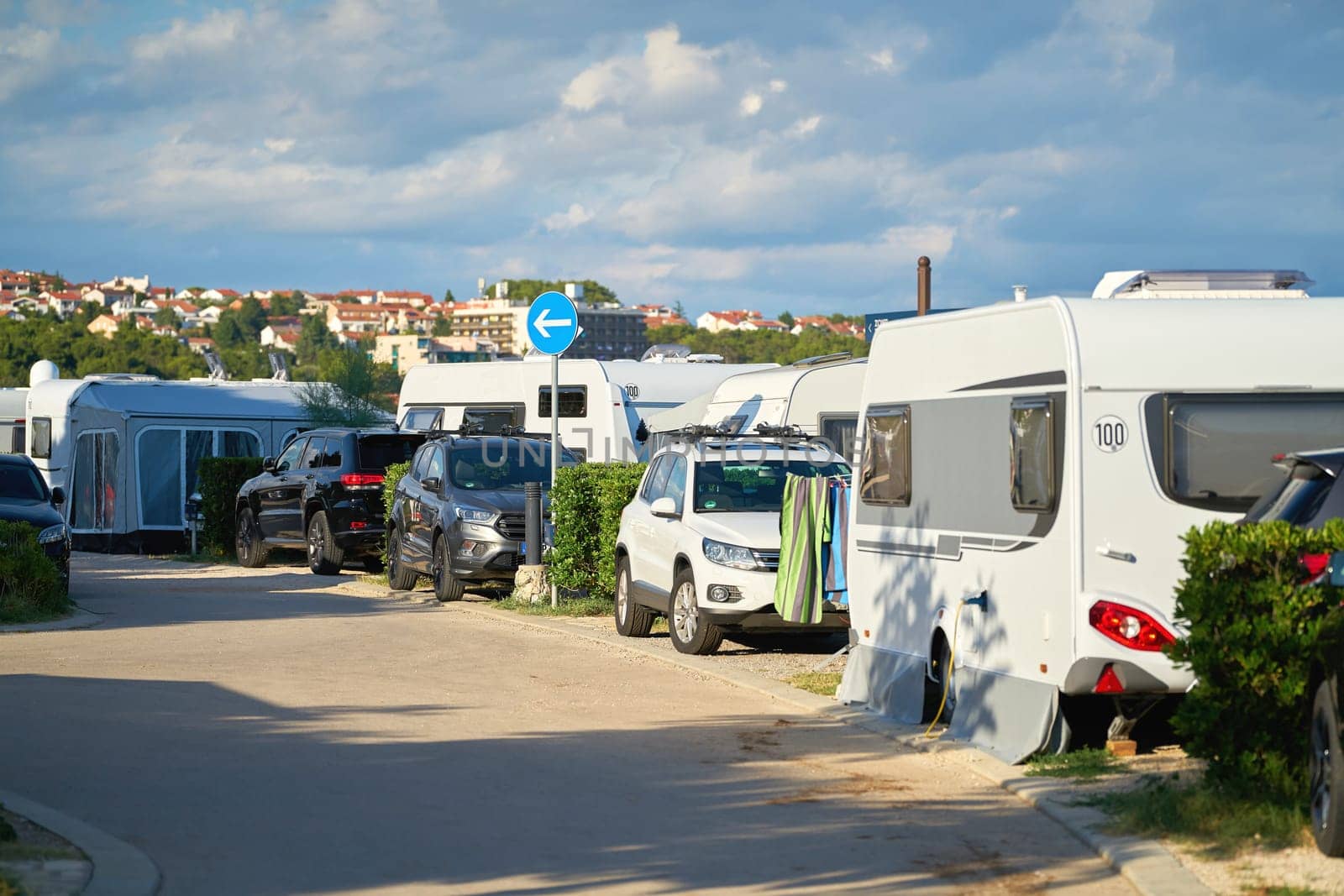 Cars and Mobile homes on a popular campsite on the island of Krk near the town of the same name Krk in Croatia