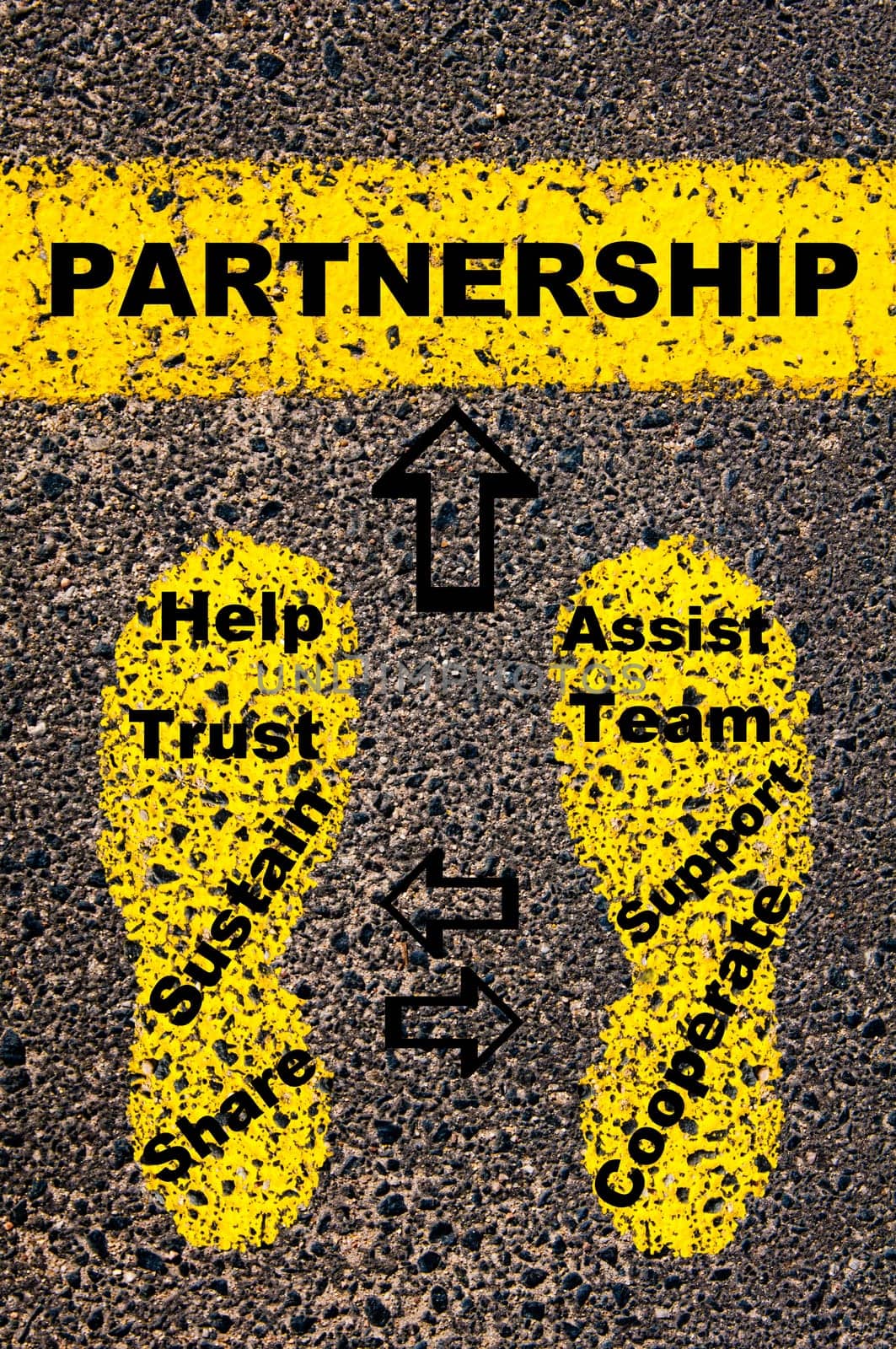 Conceptual image with yellow paint footsteps on the road in front of horizontal line over asphalt stone background. Word XXXXXXXX