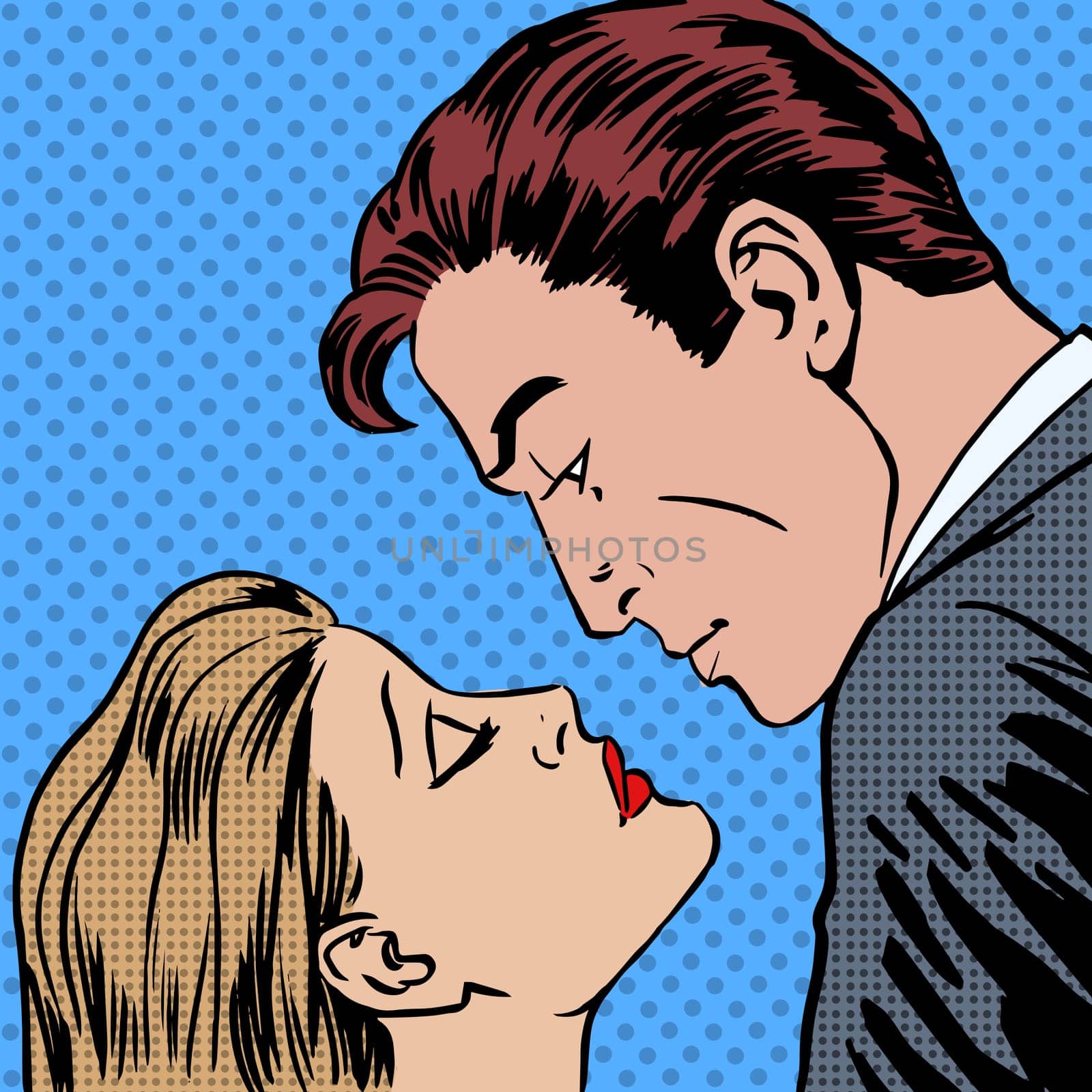 Love men and women kiss pop art comics retro style Halftone. Imitation of old illustrations. Romantic date