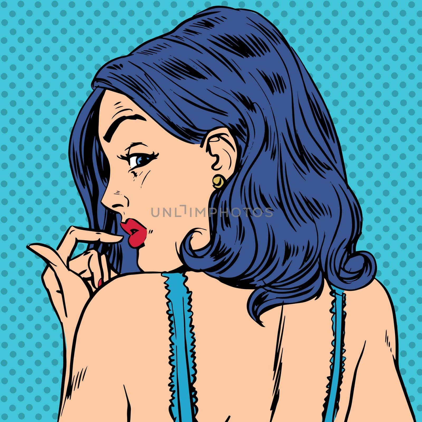 Surprised woman looks back pop art comics retro style Halftone. Imitation of old illustrations