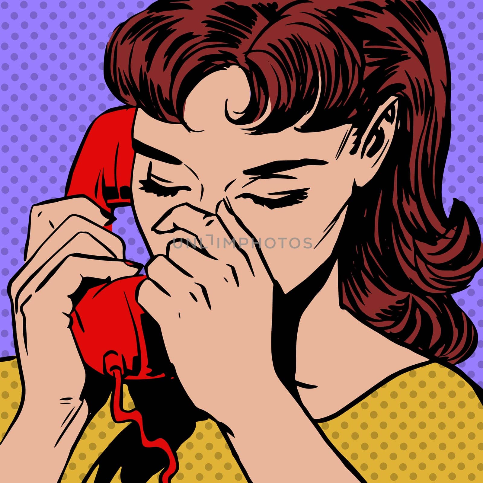A woman speaks on the phone pop art comics retro style Halftone. Imitation of old illustrations