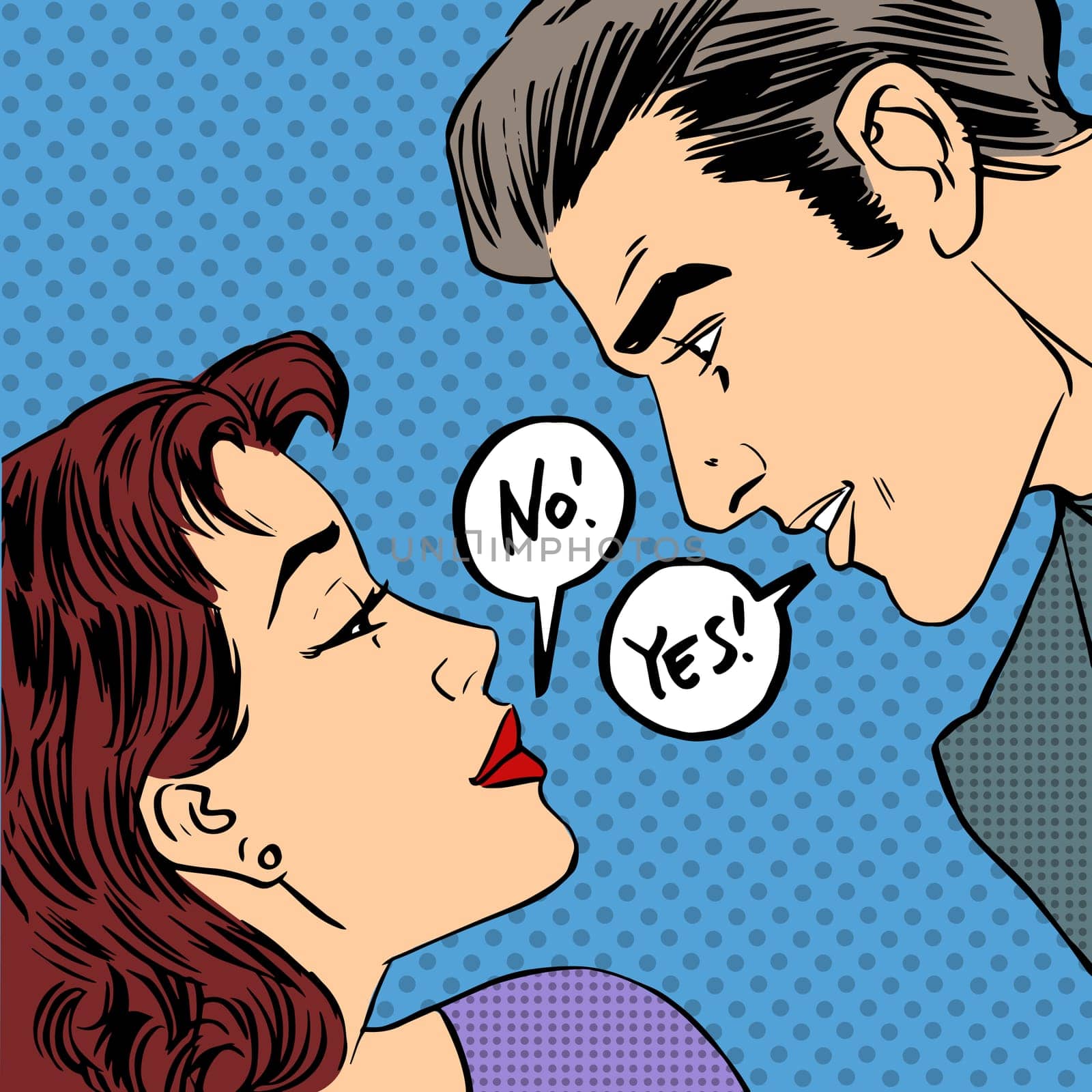 dispute men and women the woman says no and he says Yes pop art comics retro style Halftone. Imitation of old illustrations